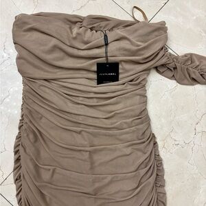 JLUXLABEL Tan Strapless Ruched Bodycon Dress